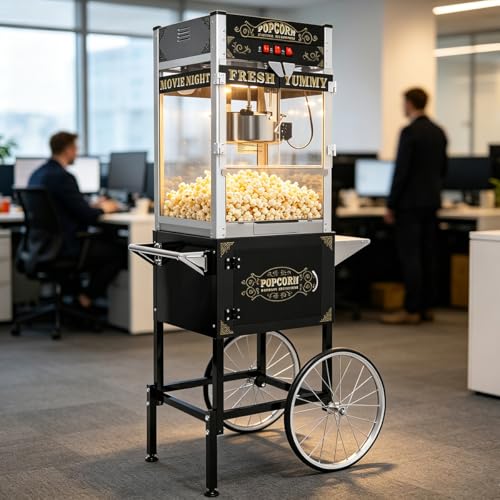 Image of Commercial Popcorn Machine With Cart - 28oz Kettle Popcorn Makers With Heating, Stainless Steel Kettle & Cart Wheels, For School, Church, Carnival, Birthday Parties, Events, Movie Theater, Black