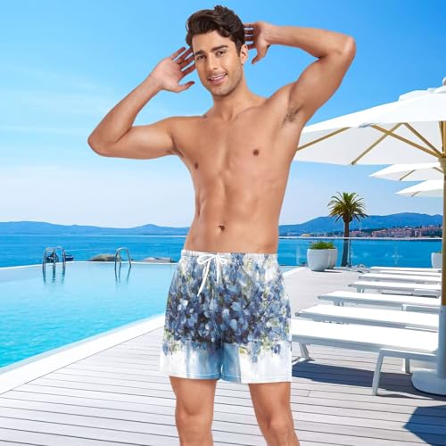 Flower Blue Art Mens Swim Trunks with Liner, Cool Quick Dry Beach Swim Shorts, Swimwear Bathing Suits S4