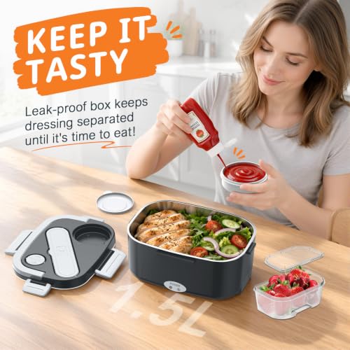 Image of HOLDRUBY Electric Heated Lunch Boxes Adults: 100W Protable Food Warmer with Sauce Box 1.5L Heatable Lunch Box for Car /Truck /Office 12 /24 /110-230V Leak-Proof Stainless Steel Container,Fork & Spoon,Bag