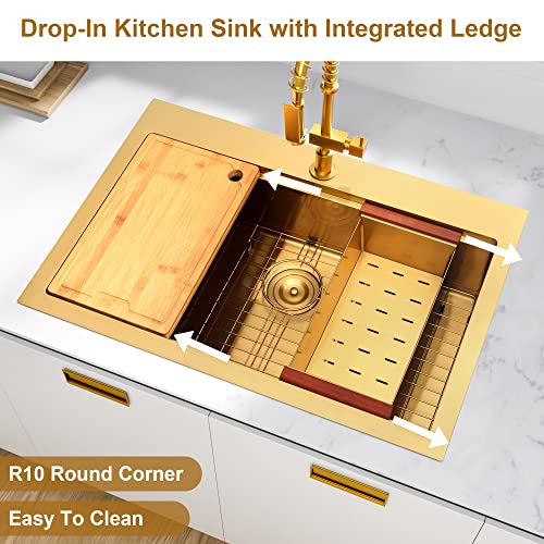Image of Gold Kitchen Sink, 33 inch x 22 inch Drop In Kitchen Sink,16 Gauge Stainless Steel All In One Workstation Sink with Ledge & Accessories, 33 inch x 22 inch x 10 inch Large and Deep Top Mount Kitchen Sinks