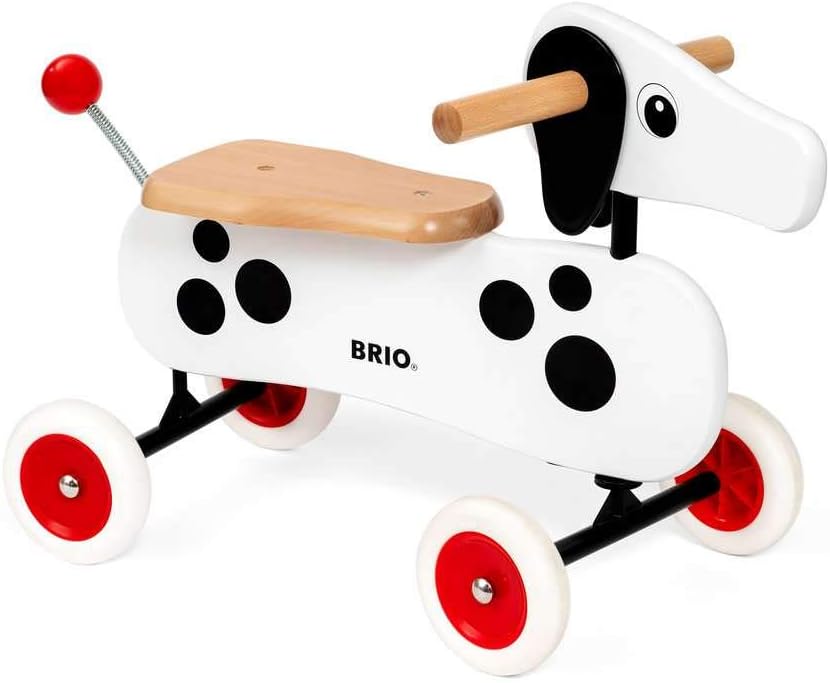 Side view of the assembled BRIO 30281 Dachshund Sausage Dog Ride Toddler Toy