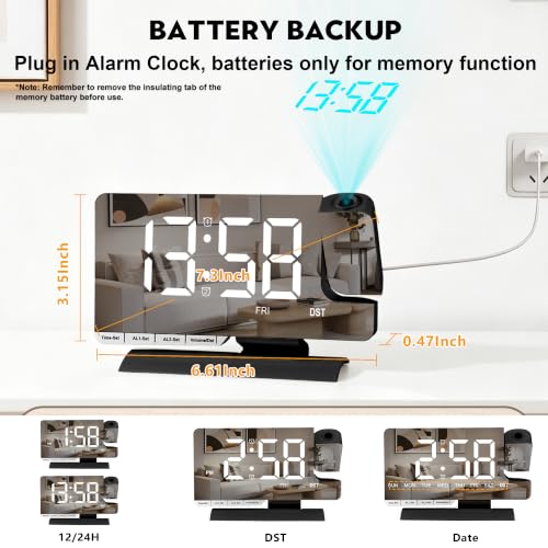 SZELAM Projection Alarm Clock with Dual Alarms,Mirror Alarm Clock Bedside - Image 5