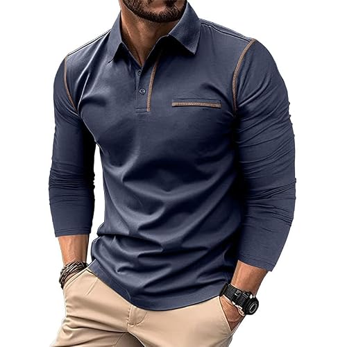 Image of Volemo Mens Polo Shirts Long Sleeve Cotton Polo T-Shirts Navy Blue M