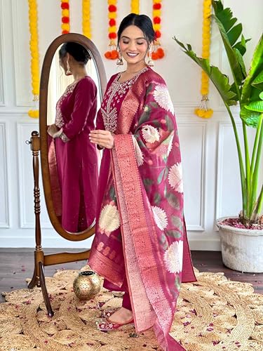 Image of Shiv Textiles Women's Chanderi Silk Embroidered Kurta Pant Dupatta Set(JDA-SACHI-WINE-2XL)