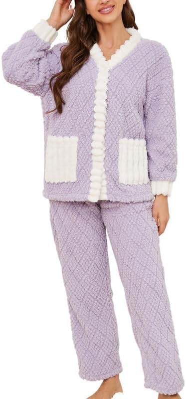 U2SKIIN Women's Plush Fleece Pajama Set,Soft Jacquard Pajamas for Women Cozy Lounge Sleepwear - Image 2