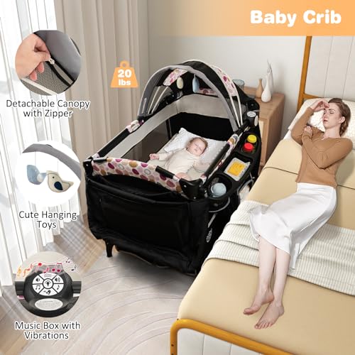 Image of BABY JOY 4 in 1 Pack and Play, Portable Baby Playard with Bassinet & Flip-Away Changing Table, Canopy, Portable Bedside Crib with Storage Basket, Infant Bassinet from Newborn to Toddlers (Circle)