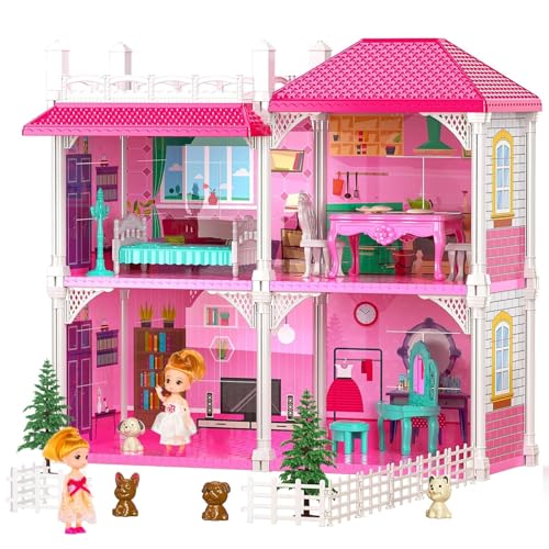 Image of Princess Doll House Building DIY Accessories, Furniture Pretend Play Gift Toys for 3 to 10 Year Old Girls Gify, Doll House Set for Girls, Doll House with 2-Story 4 Rooms, Kitchen & Furniture Set