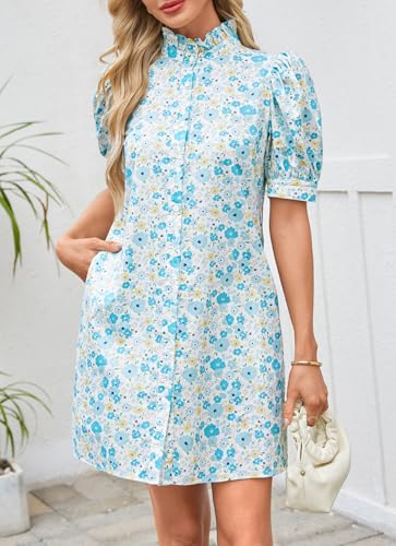 Image of Ladyful Women's Summer Floral Shift Short Sleeve Button Front Mini Dress | puff sleeve, ruffle stand neck, boho style, beach vocation, 100% cotton, loose fit, shirt sundress
