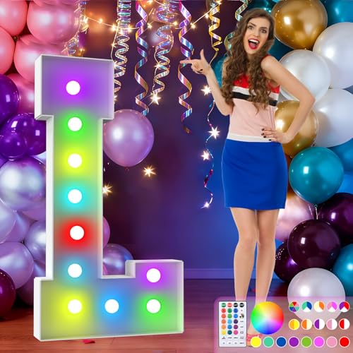 Image of 4FT Colorful Marquee Letters,18-Color Letter L with Remote Control Large Light Up Numbers Sign,Pre-Cut Foam Board Set for Party Decoration, Birthdays, Weddings, Graduations, Baby Anniversaries