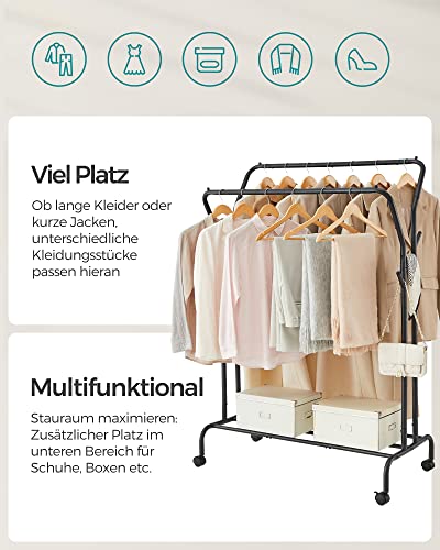 SONGMICS Kleiderständer auf Rollen, 2 Kleiderstangen, Garderobenstange, Garderobenständer aus Stahlrohren, bis 100 kg belastbar, 103,5 cm breit, multifunktionale Aufbewahrung, schwarz HSR107B01