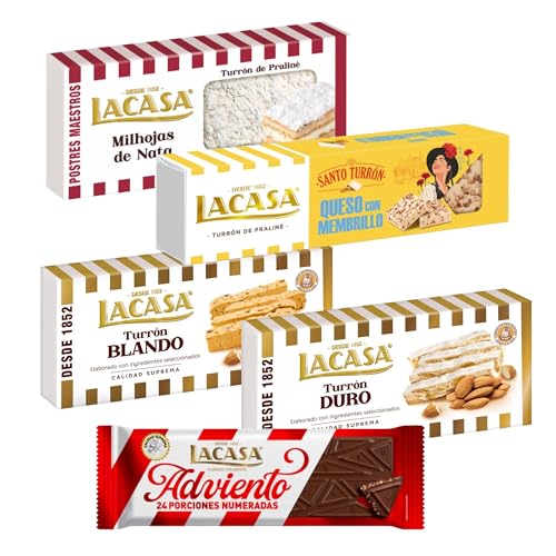 Surtido Turrones Lacasa: 5 tabletas de turrón variadas: Blando, Duro, Crujiente, Milhojas de nata y Queso con membrillo