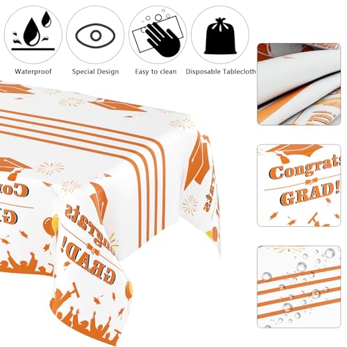 Image of Graduation Tablecloths, 2 Pack Class of 2025, 54x108 Inch Plastic Rectangular Disposable Table Covers for Congrats Grad Party Supplies Orange