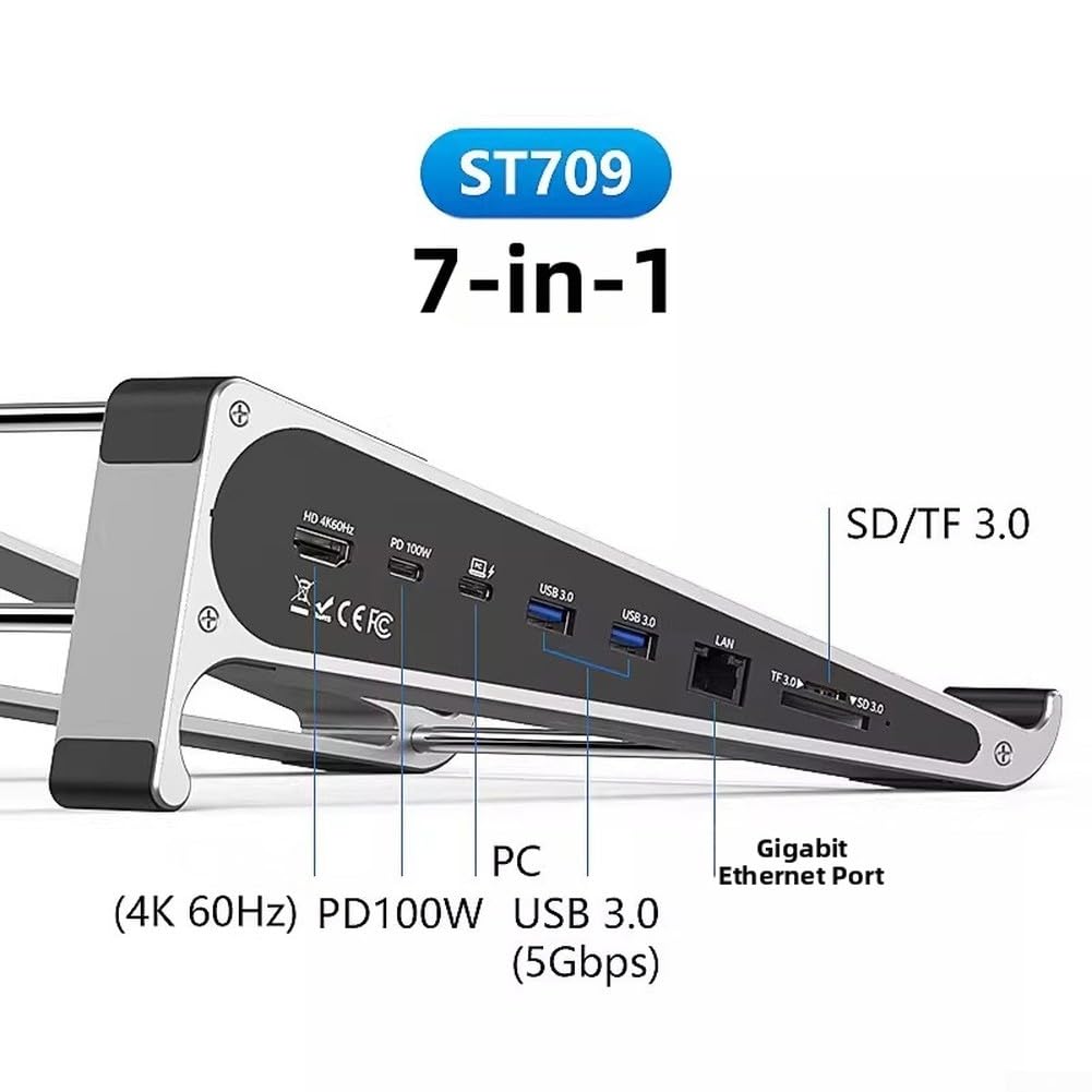 Zoegneer Supporto ergonomico in alluminio per computer portatile, con doppio display 4K, ricarica PD da 100 W, hub USB 3.0, lettore di schede Ethernet, pieghevole, verticale per notebook Windows Trav