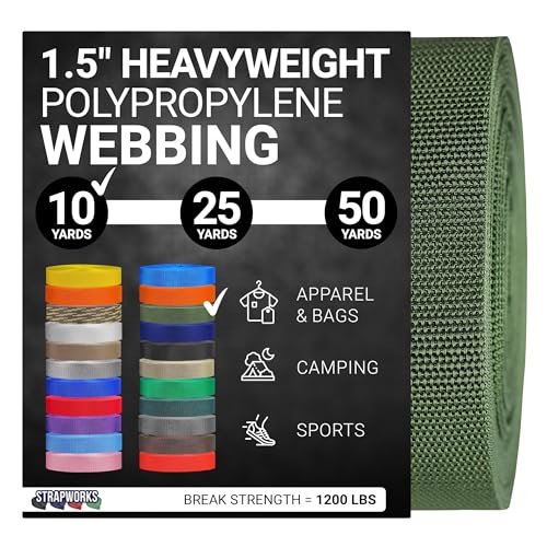 Strapworks Heavyweight Polypropylene Webbing - Heavy Duty Poly Strapping for Outdoor DIY Gear Repair, 1.5 Inch x 10 Yards, Olive Drab