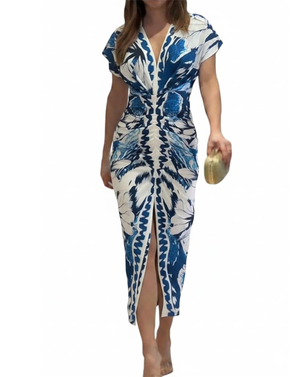 Photo 1 of CHICME Women's Ruched V-Neck Midi Dress - Printed Blue