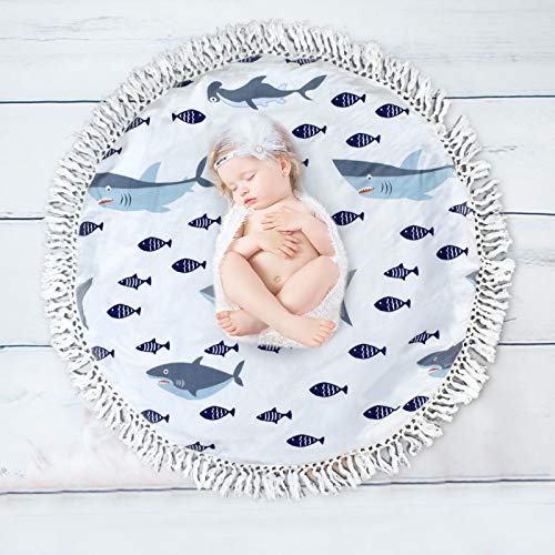 Brandream Baby Playmat Nautical Shark Boys Tummy Time Mat Soft Cotton Round Mat With Ocean Animal, Navy Blue White #TOP22