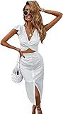 SheIn Women's Twist Plunging Neck Ruffle Crop Blouse Top 2 Pieces Midi Skirt Set White Medium