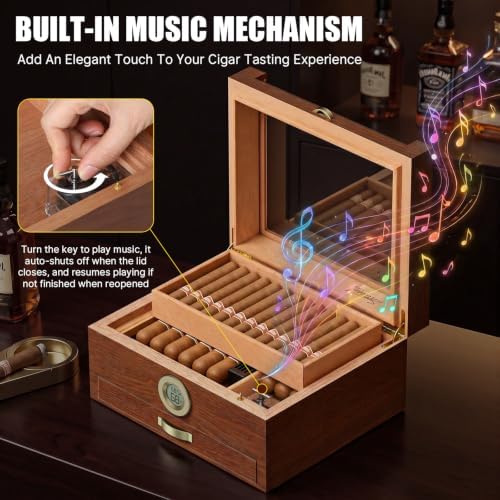 Tesonway Cigar Humidor, Glass Top Cedar Cigar Box with Music System - 5