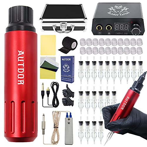 Autdor Machine Kit - Complete Rotary Machine Pen Kit Including Machine Pen 20Pcs Ink Caps Power Supply Ink Caps Transfer Paper Practice Skin Accessories
