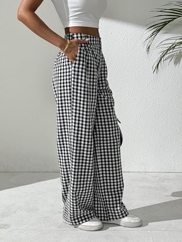 Women's Gingham Plaid Pants Summer High Waisted Wide Leg Pants Beach Casual Trouser4