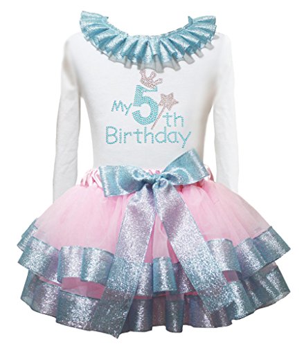 Camiseta blanca 5 cumpleaños con falda de pétalos suaves azul y rosa para su gran fiesta