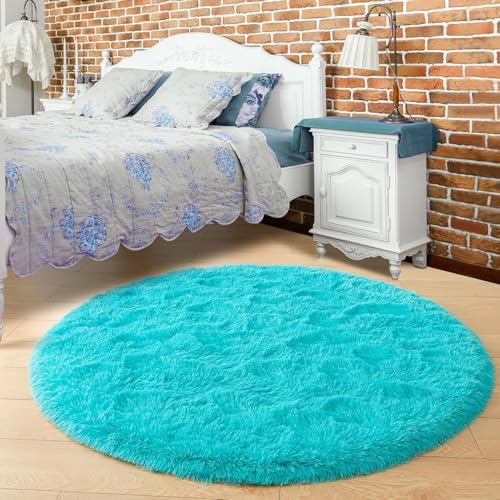 Image of Shaggy Round Area Rug - Soft Plush Circle Solid Color Carpet for Living Room, Bedroom, Kids Room - Fluffy Fuzzy Floor Mat for Home Decor (Turquoise, 4x4 feet, Round)