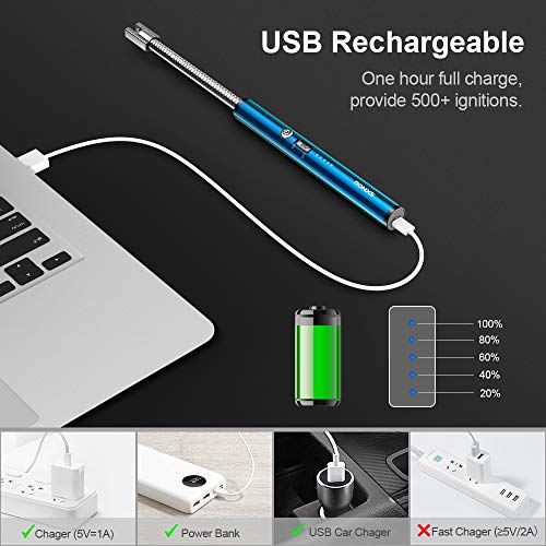 RONXS Lighter, Upgraded Candle Lighter Camping Lighter Grill Lighter USB Lighter Plasma Arc with LED Battery Display Safety Switch, Longer Flexible Neck for Candle Cooking BBQs Fireworks (Blue)