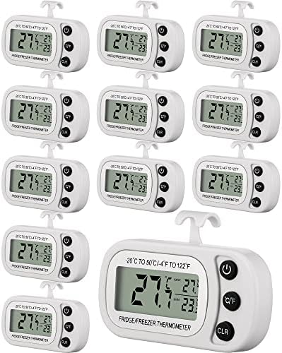 Frienda 12 Pack Digital Fridge Thermometer Waterproof Freezer Room Max/ Min Record Function with Large LCD Screen Refrigerator Hook & Magnetic Back for Kitchen Home (White)