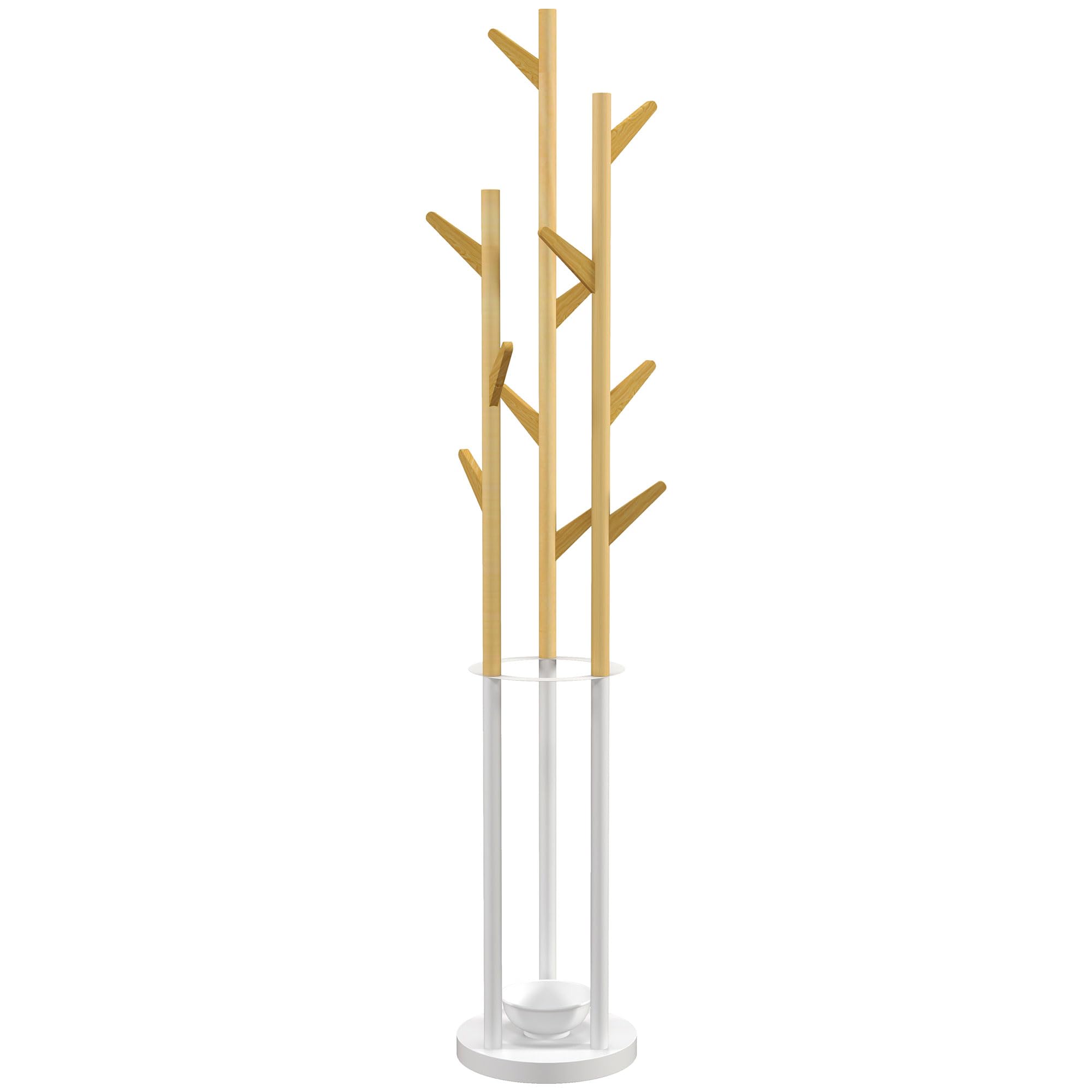 HOMCOM Appendiabiti da Terra di Design 30.5x30.5x174.5cm Legno e Bianco | Portaombrelli e 12 Ganci, Metallo e Bambù