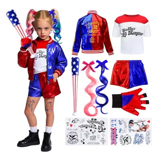 Kitimi Quin Costume Disfraz de Quin, incluye chaqueta, Camiseta, Cortos y Guantes de Medias, Disfraz para Niñas y Accesorios para Fiestas, Carnaval y Halloween Cosplay