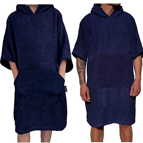 HOMELEVEL Surfponcho voor dames en heren, 100% katoen, strandponcho, badponcho, badponcho, strandhanddoek, handdoek, cape, badhanddoek met capuchon, donkerblauw, L-XL
