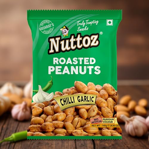 Image of Nuttoz Roasted Peanut Chilli Garlic - Pack of 2 (140gm each) | Jumbo Roasted Moongfali | Non Fried Ready to Eat Healthy Snack | Crunchy Snack and Namkeen
