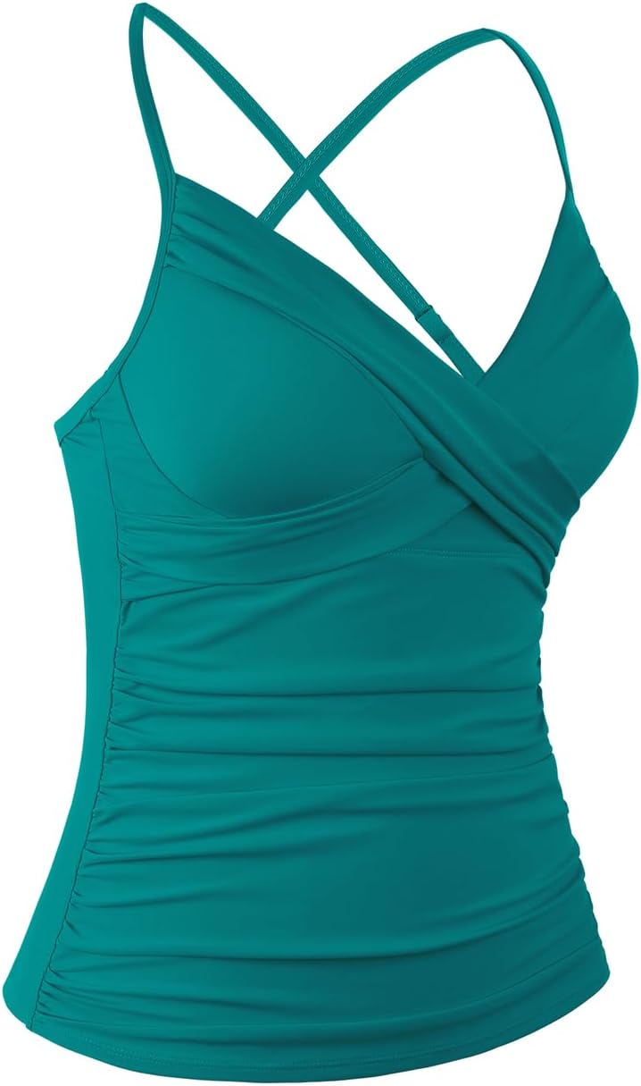 Womens Underwire Tankini Swim Top Cross Front V Neck Swimsuit Tops Ruched Tummy Control Swimwear