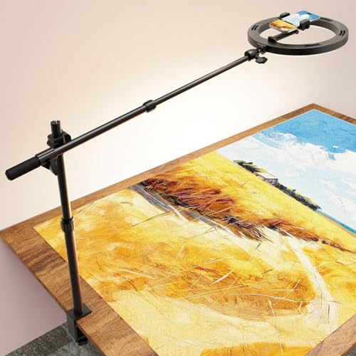 Image of Overhead Phone Camera Mount for Desk Tripod - 10 inch Ring Light with Stand - Solid Ring Light with Clamp for Artist Drawing, Video Recording,CRI >95 RingLight for Tabletop