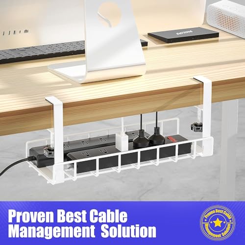 Image of Under Desk Cable Management Tray, White, No Drill No Screws, Wire Management, Computer Cable Rack, Office, Home - 7.3 Inches L x 6.1 Inches W x 18.5 Centimeters H