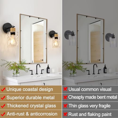 Image of MOKATNG Set of 2 Wall Sconces for Bathroom, Coastal Modern Vanity Lights with Crystal Glass Shade, Black Bathroom Wall Lamp for Mirror Kitchen Living Room Hallway Cabinet Porch
