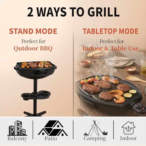 I-Keukenn Portable Electric Grill with Removable Stand, 1500W Indoor & Outdoor BBQ, Non-Stick Baking Pan & Intelligent Temperature Control for Backyard, Balcony, Camping and Party, Gray by I-Keukenn - Image 6