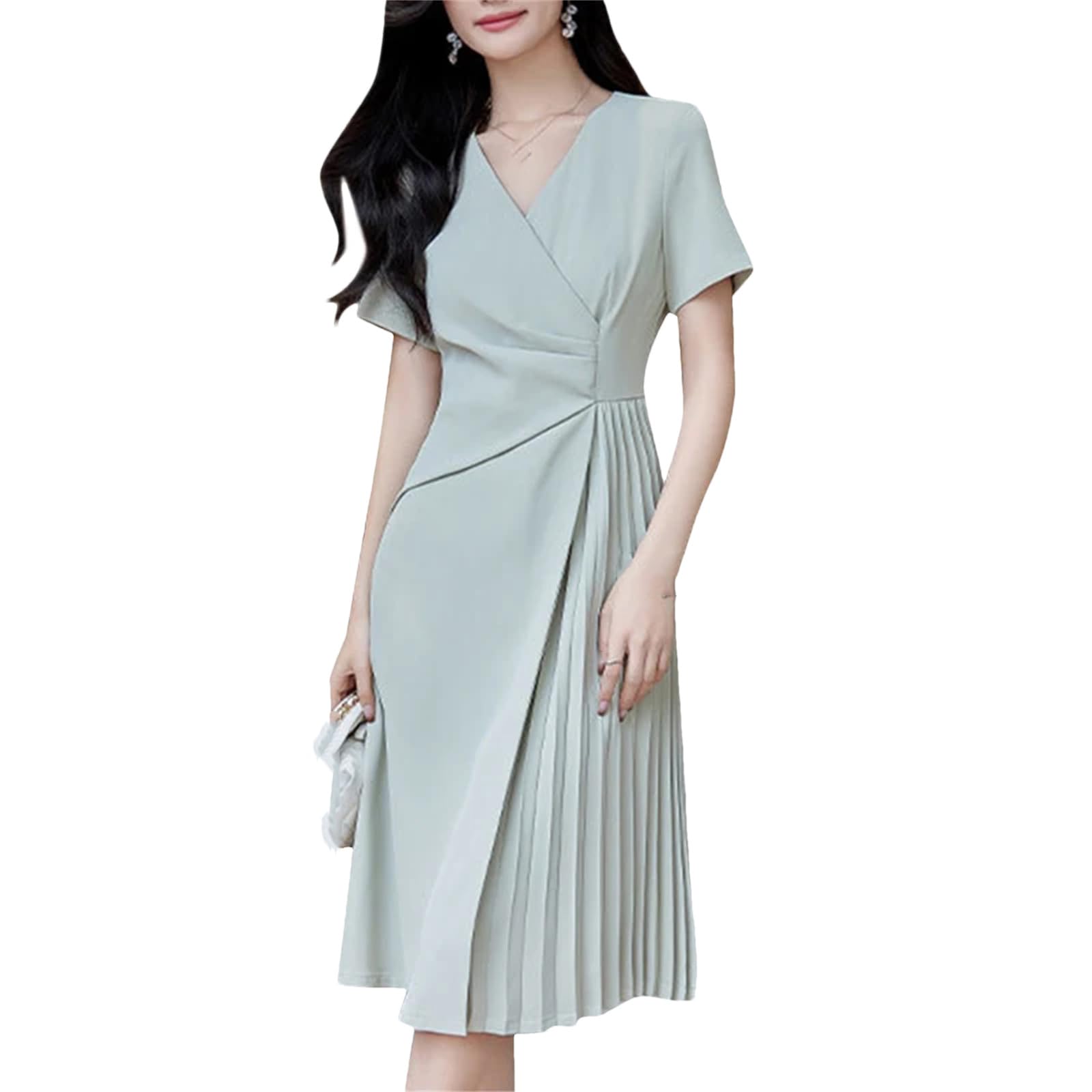Donne Elegante Lavoro V Nek Abito Da Partito Moda Manica Corta Robe Femme Solido Pieghe Midi Abiti