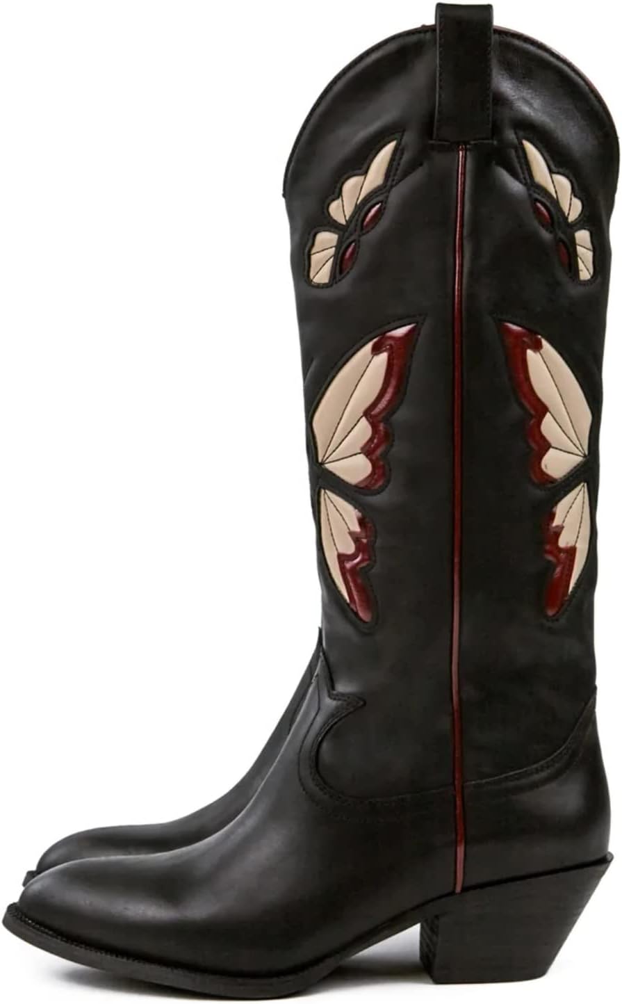 keleimusi Butterfly Knee High Boots for Women Cowgirl Autumn Western Almond Toe Shoes