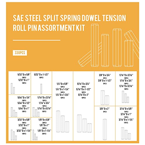 Zelcan 330Pc Sae Roll Pin Set, Split Expansion Pin Assortment Kit For Home Improvement Automotive Repair & More, 5/32 3/32 5/16 3/8 1/4 7/32 5/64 1/16 1/8 3/16 Inch Slotted Spring Pins #TOP5