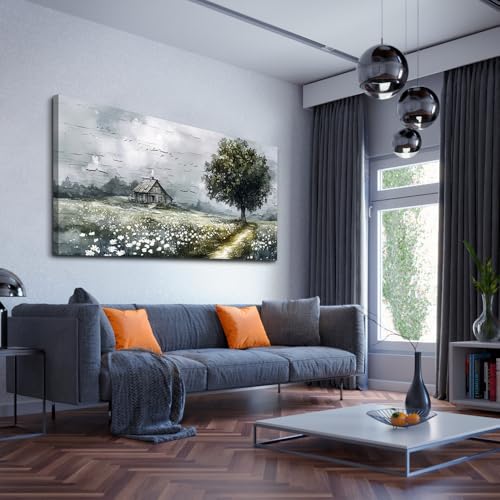 ERQINHUA Gray Large Canvas Wall Art For Living Room Farmhouse Wall Decor For Bedroom Office Mural Field scenery Paintings Tree Landscape Printed Artwork Wall Pictures Home Decorations art 24"X48"