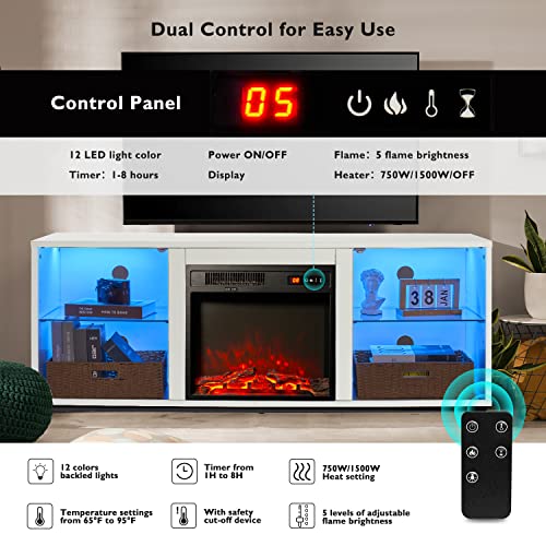 Breezestival Fireplace Tv Stand With 18" Electric Fireplace, Led Light Entertainment Center With Glass Door Cabinet For Tvs Up To 65" #TOP3