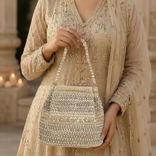 Image of Nevis Silk Fabric Premium Pearl & Crystal Embroidered Potli Bag for Women | Ethnic Bridal Clutch with Golden Handle | Party & Wedding | Potli Bag