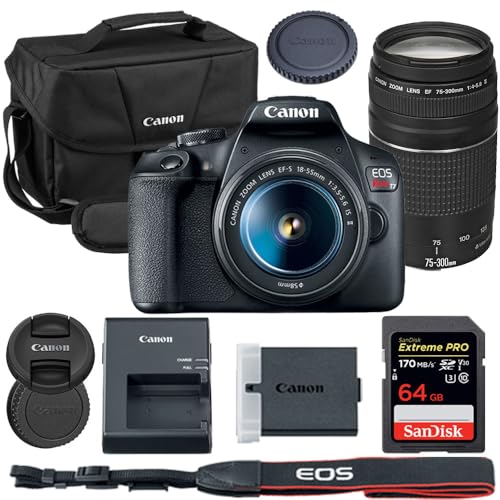 Canon EOS Rebel T7 DSLR Camera with 18-55mm & 75-300mm Lens Bundle with Canon 200ES EOS Shoulder Bag + 64GB Extreme PRO Memory Card