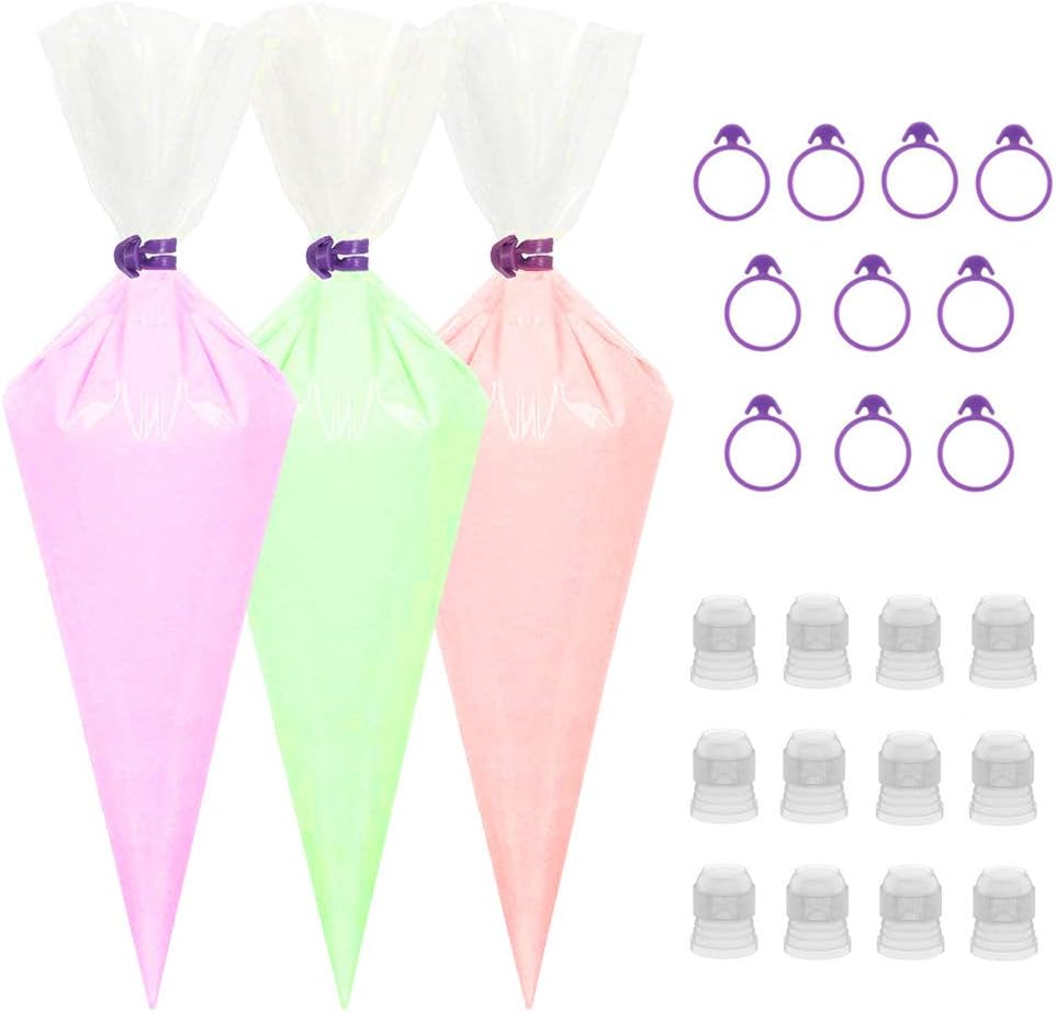 Qozary 100 Pack Pastry Piping Bags, 16 Inch Extra Thick Icing Bags with 10 Ties and 12 Couplers, Disposable Cake Decorating Bags for all Sized Tips and Baking Cupcakes Supplies Tool (122 Pack)