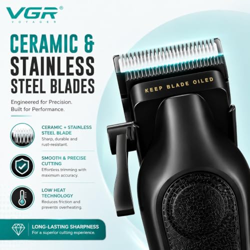 Image of VGR V-197 Professional Hair Clipper for Men | 7000 RPM High-Speed Motor | 200 Min Runtime | 2000mAh Lithium Battery | Ceramic & Stainless Steel Blade | USB Type-C Charging | LED Display | Adjustable Taper Lever | Corded & Cordless | 6 Guide Combs