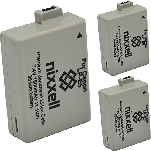 (3 Pack) Ultra High Capacity Nixxell Battery for Canon LP-E5 LC-E5 LPE5 for Canon EOS Rebel XS, Kiss F, Kiss X2, Kiss X3, EOS Rebel XSi, EOS Rebel T1i, EOS Rebel 450DM, EOS Rebel 500D, Rebel 1000D