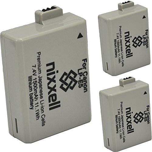 (3 Pack) Ultra High Capacity Nixxell Battery for Canon LP-E5 LC-E5 LPE5 for Canon EOS Rebel XS, Kiss F, Kiss X2, Kiss X3, EOS Rebel XSi, EOS Rebel T1i, EOS Rebel 450DM, EOS Rebel 500D, Rebel 1000D