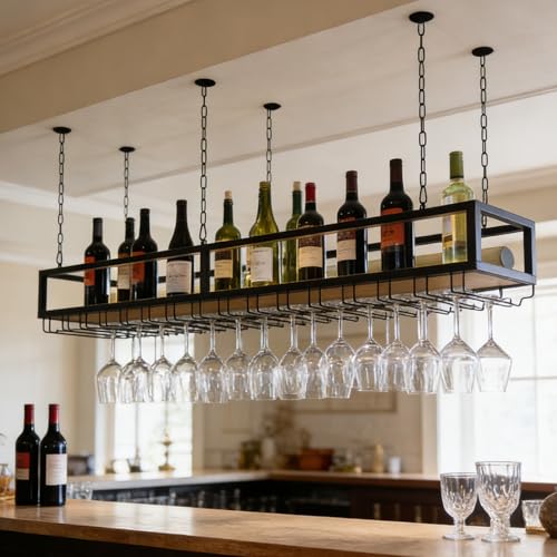 DSVONAUS Portabottiglie da Soffitto, Mensola da Soffitto Porta Bicchiere da vino Sospeso, Portabottiglie da Appendere Industriale Regolabile in Altezza per Cucina Bar Caffetteria (100cm)
