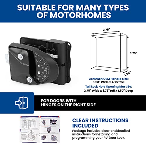 Deshan Rv Keyless Entry Door Lock, With 2 Electronic Induction Keys, 4 Keys, Screwdriver And Backlit Keypad, 100% Metal Rv Door Lock Latch Handle, Will Only Fit 2.75" X 3.75" Lock Hole (Black) #TOP2